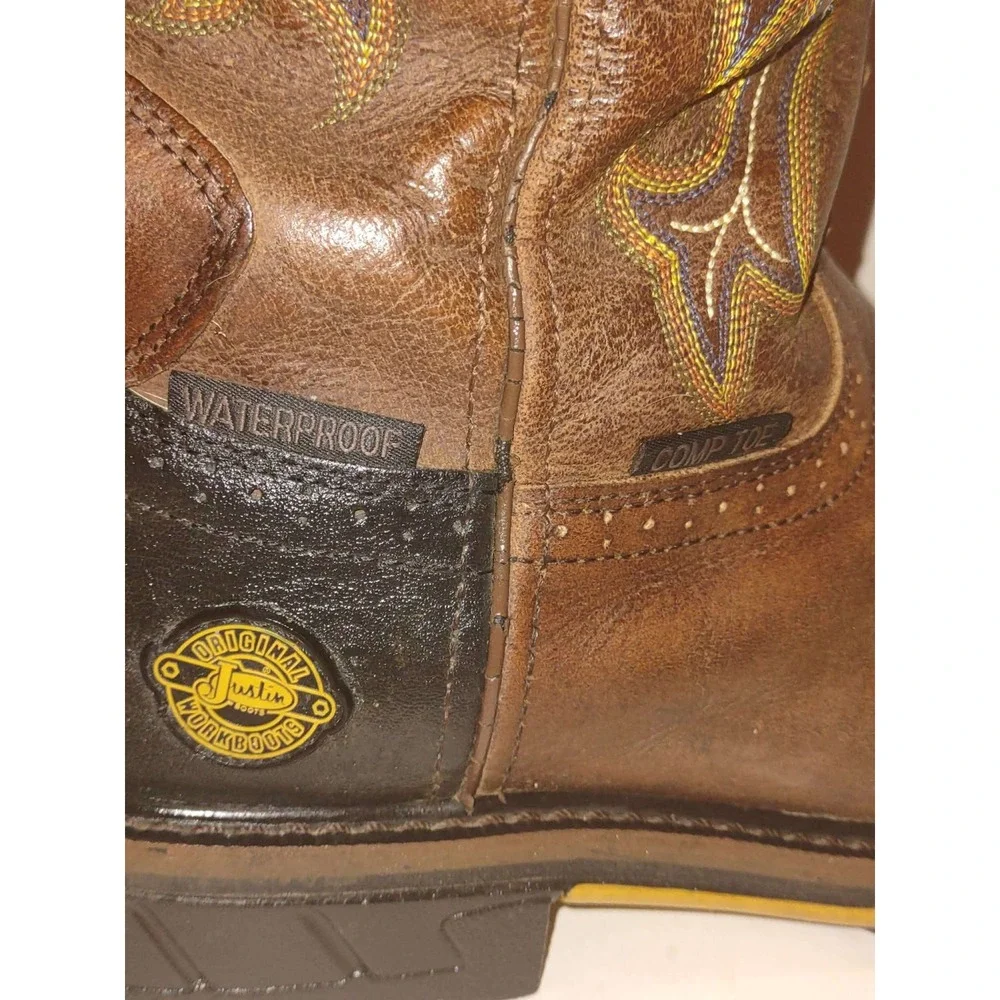 Justin Work Boots Mens Brown Leather Waterproof Composite Toe WK4625 Size 10.5 D